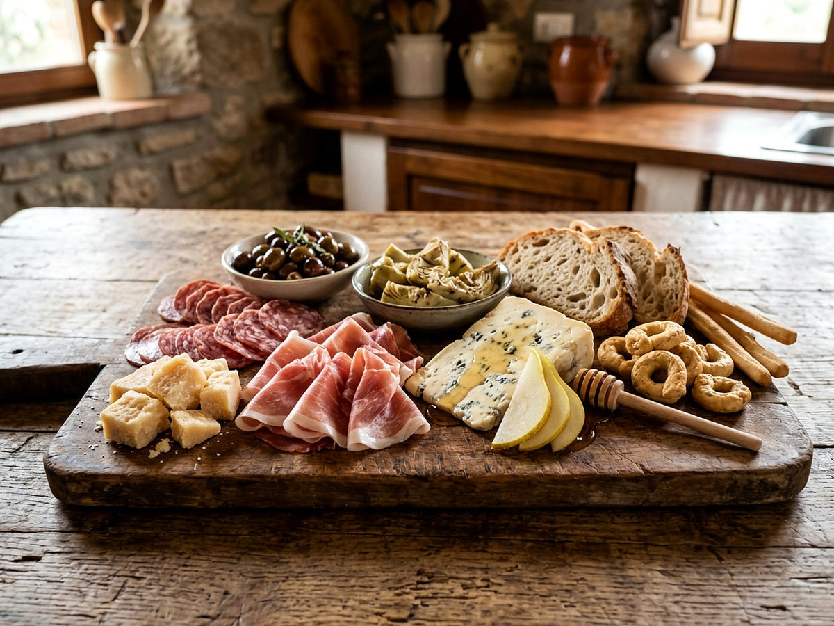 Tagliere de charcuterie et fromages, poire au miel, olives et taralli