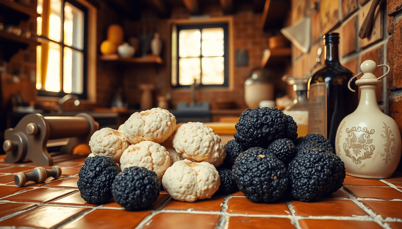 Truffes blanches et truffes noires italiennes sur un plan de cuisine rustique