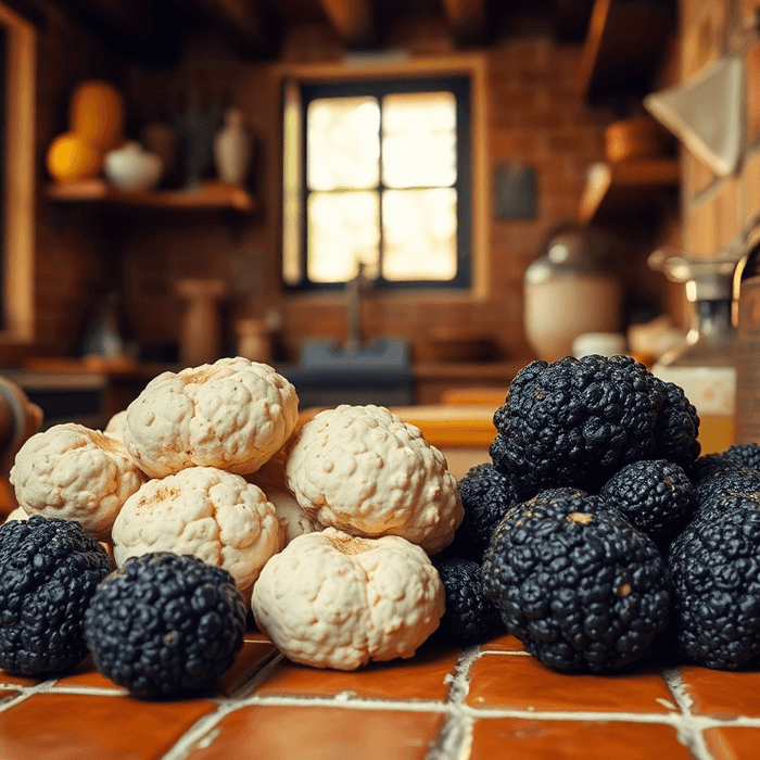 Truffes blanches et truffes noires italiennes sur un plan de cuisine rustique
