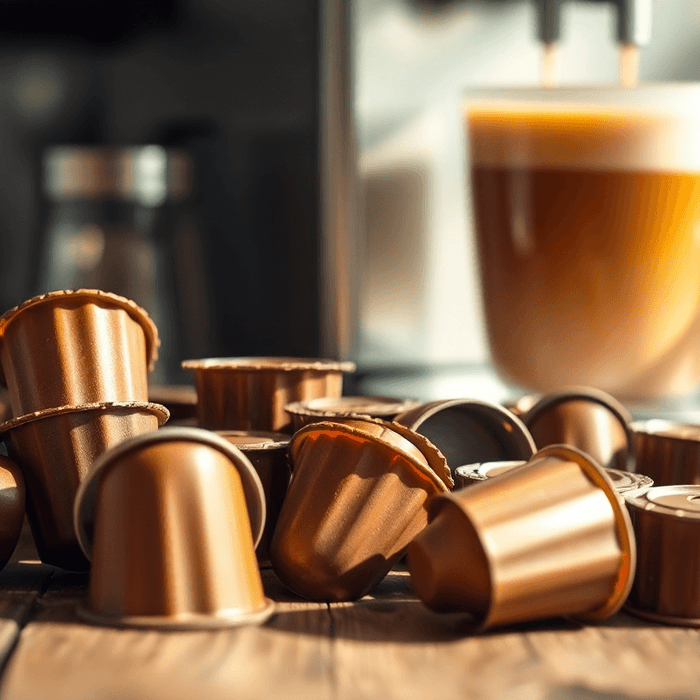 Capsules de café biodégradables sur une table en bois devant une tasse de café, représentant une alternative durable à Nespresso.