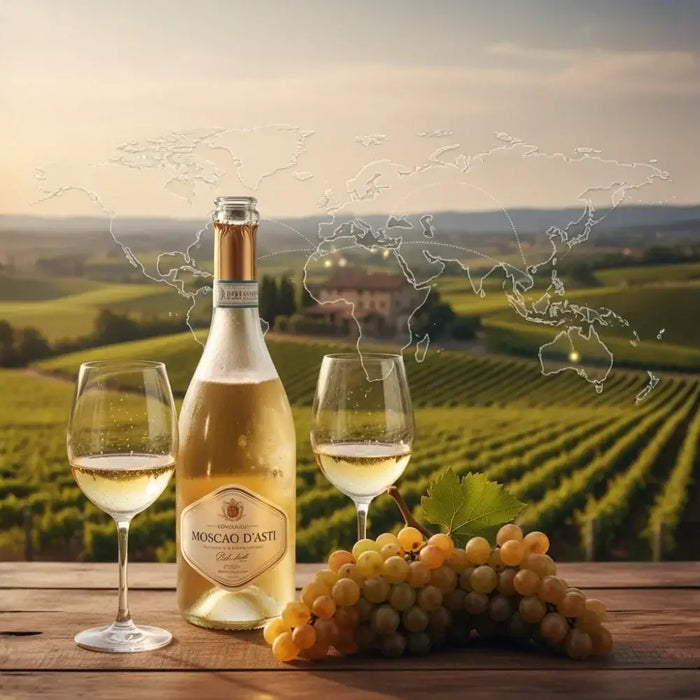 Bouteille de Moscato d’Asti avec deux verres de vin pétillant, posés sur une table en bois au milieu des vignobles du Piémont au coucher du soleil.