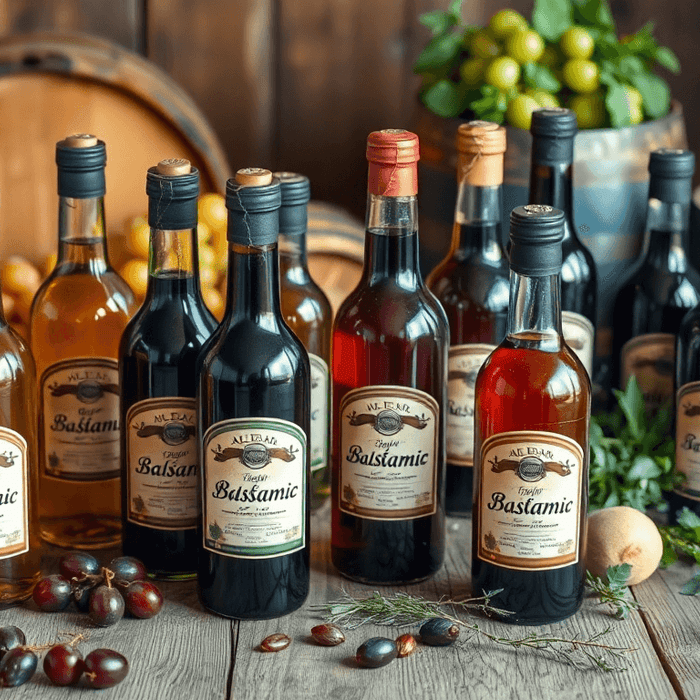 Bouteilles de différents vinaigres balsamiques italiens entourées de raisins et tonneaux en bois.