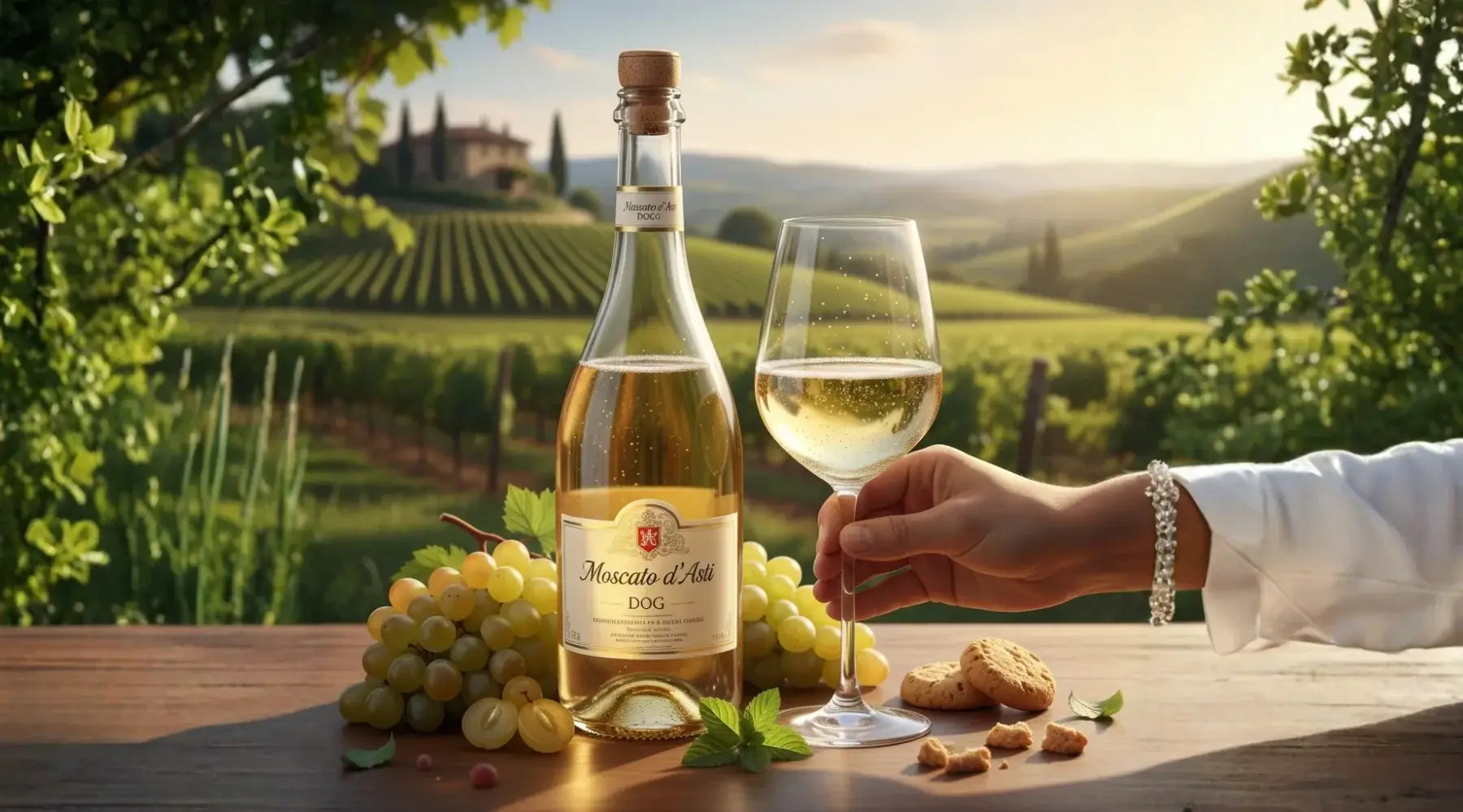 Bouteille de Moscato d’Asti avec verre de vin pétillant sur une table, accompagnés de raisins et d’un paysage du Piémont au coucher du soleil.
