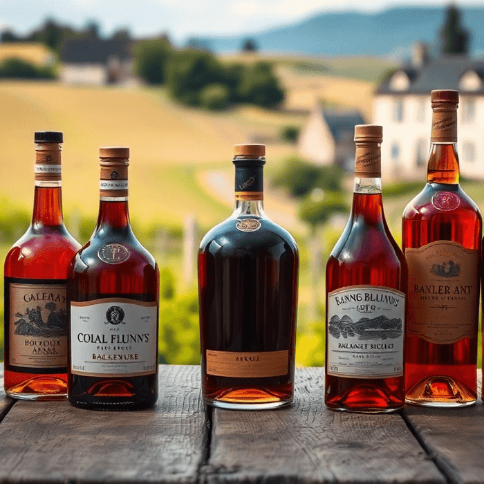 Sélection de liqueurs françaises emblématiques – Chartreuse, Grand Marnier, Bénédictine, Verveine du Velay et Menthe Pastille – sur fond de cave artisanale, symbole du savoir-faire du terroir français.