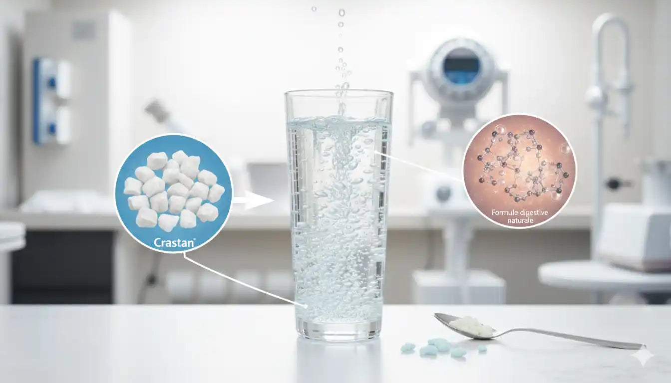 Granulés effervescents digestifs se dissolvant dans un verre d’eau, montrant la réaction pétillante.