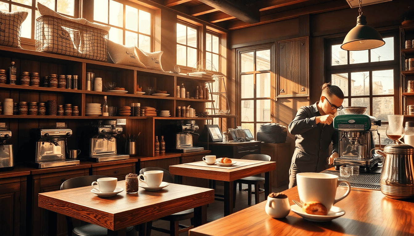 Café italien traditionnel baigné de lumière, avec barista préparant un expresso dans un café authentique en bois.