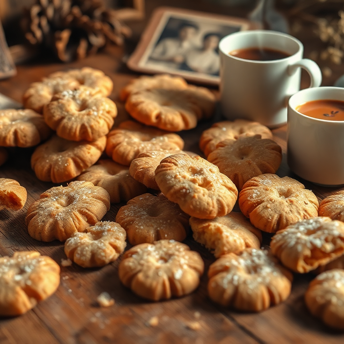 Biscuits italiens traditionnels disposés sur une table en bois avec deux tasses de café et des photos anciennes — ambiance nostalgique et gourmande rappelant les douceurs d’enfance.