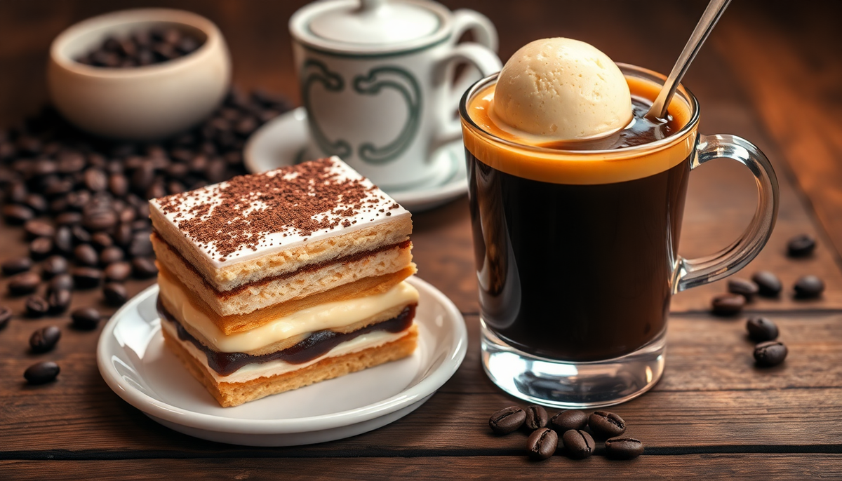 Tiramisu italien crémeux et affogato au café expresso garnis d’une boule de glace vanille, servis sur une table en bois avec grains de café — EasyGusto.fr