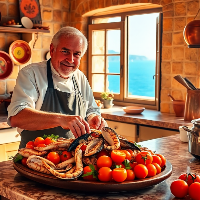 Chef sicilien préparant un plat traditionnel de fruits de mer et tomates fraîches dans une cuisine méditerranéenne baignée de soleil, face à la mer de Sicile — symbole de la gastronomie sicilienne authentique. EasyGusto.fr