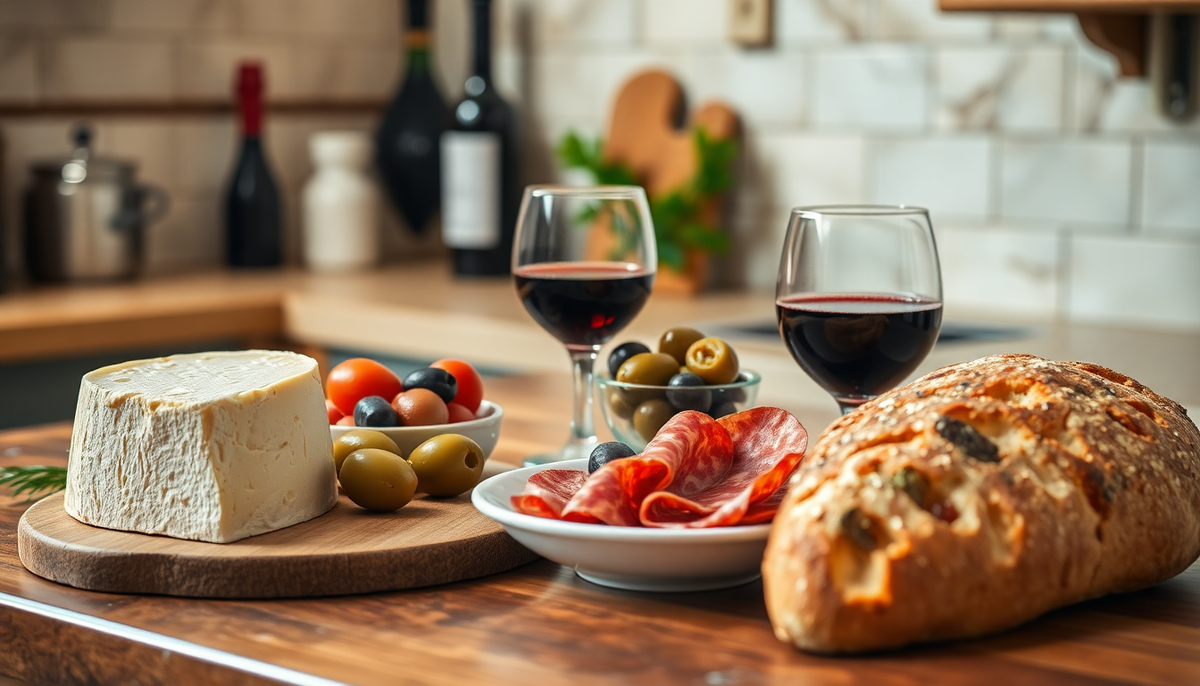 Plateau d’apéritif italien avec pain rustique, fromage, olives, charcuterie et verres de vin rouge sur une table en bois – ambiance conviviale et authentique EasyGusto.fr