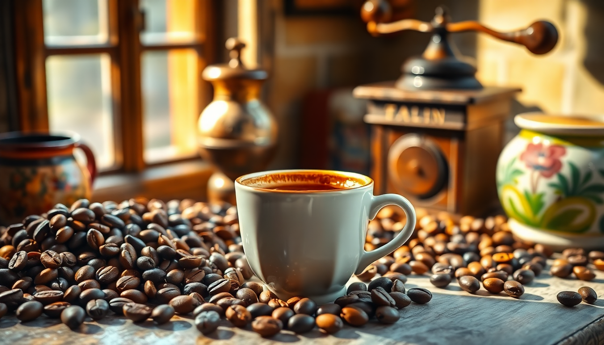 Tasse de café italien entourée de grains fraîchement torréfiés, posée sur une table rustique près d’un moulin à café traditionnel et d’une fenêtre ensoleillée — EasyGusto.fr