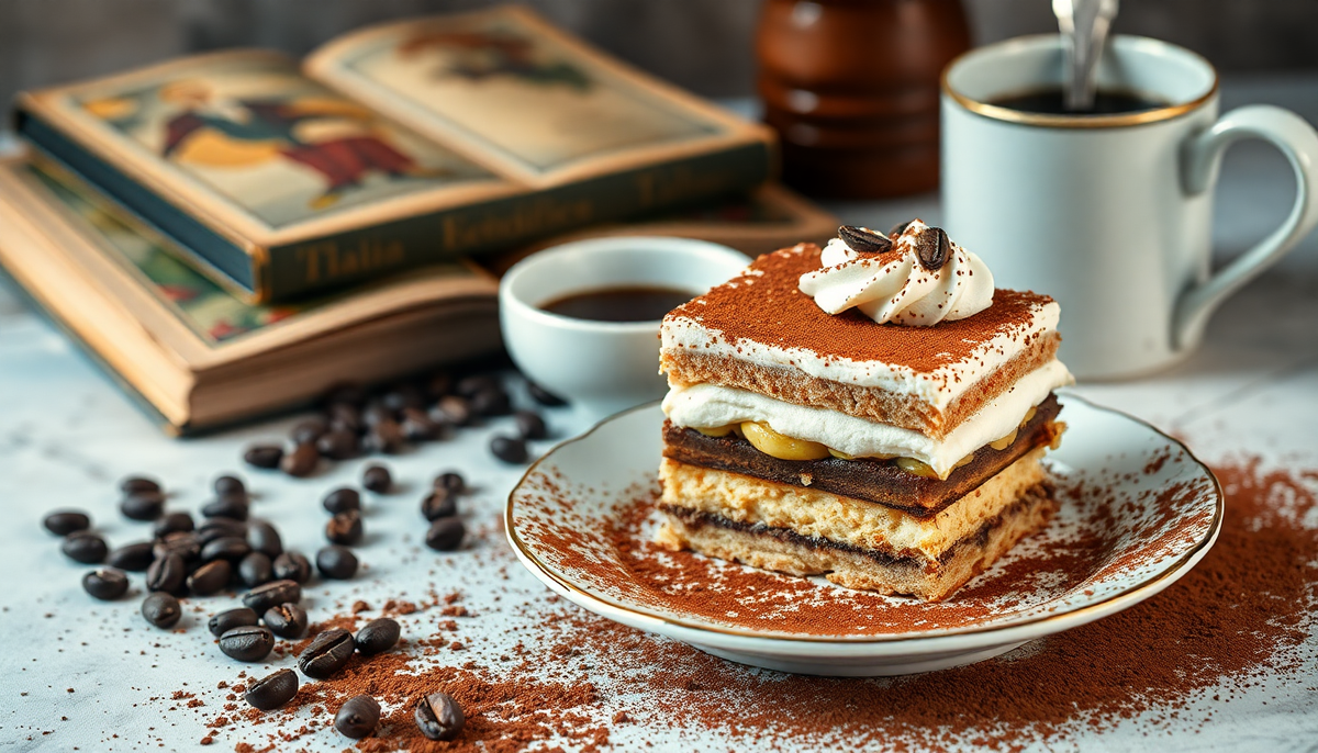 Part de tiramisu italien saupoudrée de cacao, servie sur une assiette blanche avec une tasse de café et des grains de café sur la table — dessert traditionnel d’Italie, EasyGusto.fr