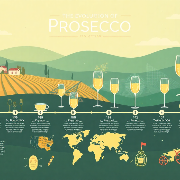 Infographie illustrant l’évolution du prosecco italien — de ses origines en Vénétie à sa renommée mondiale, symbolisée par des verres de vin pétillant et une carte des exportations EasyGusto.fr