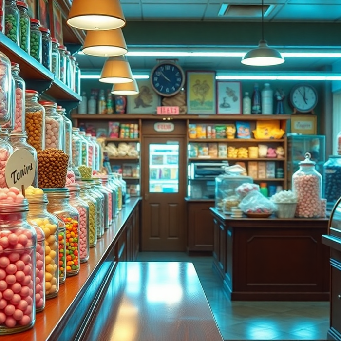 Intérieur d’une confiserie rétro italienne remplie de bocaux de bonbons colorés – ambiance vintage et chaleureuse rappelant les douceurs d’enfance, EasyGusto.fr