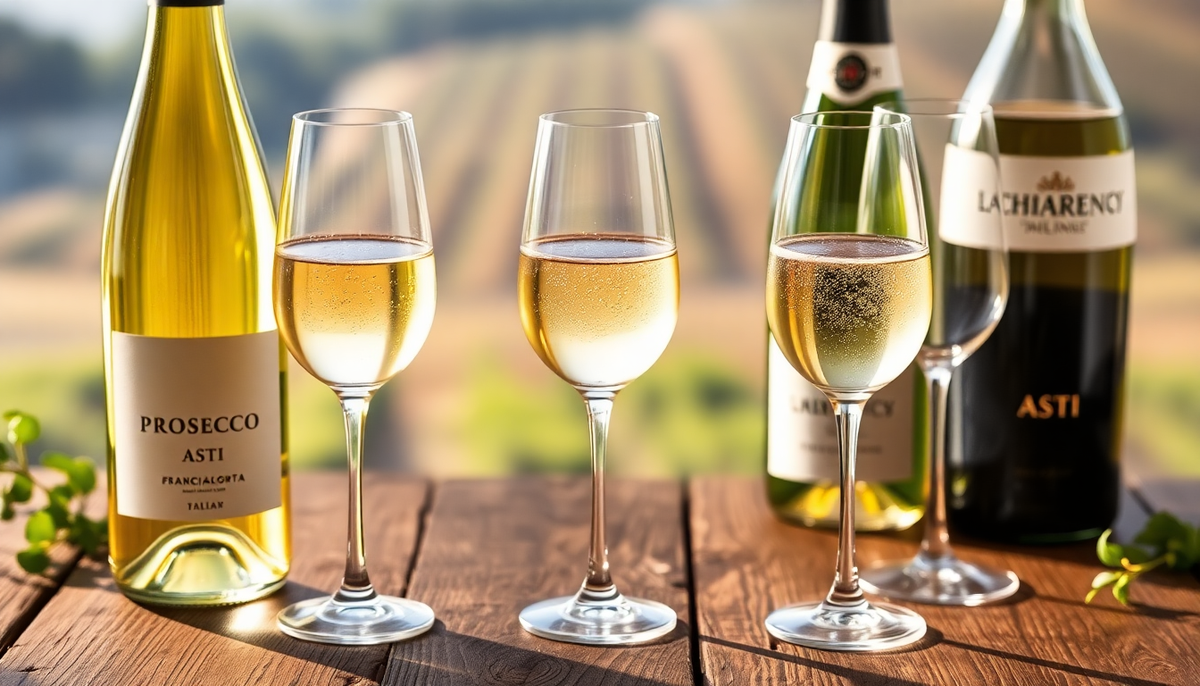 Dégustation de vins mousseux italiens : verres de Prosecco, Asti et Franciacorta sur une table en bois avec vignoble en arrière-plan — EasyGusto.fr