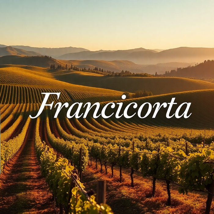 Bouteille de Franciacorta posée dans un vignoble ensoleillé de Lombardie, avec les collines dorées en arrière-plan, symbolisant l’élégance et la finesse du célèbre vin pétillant italien.