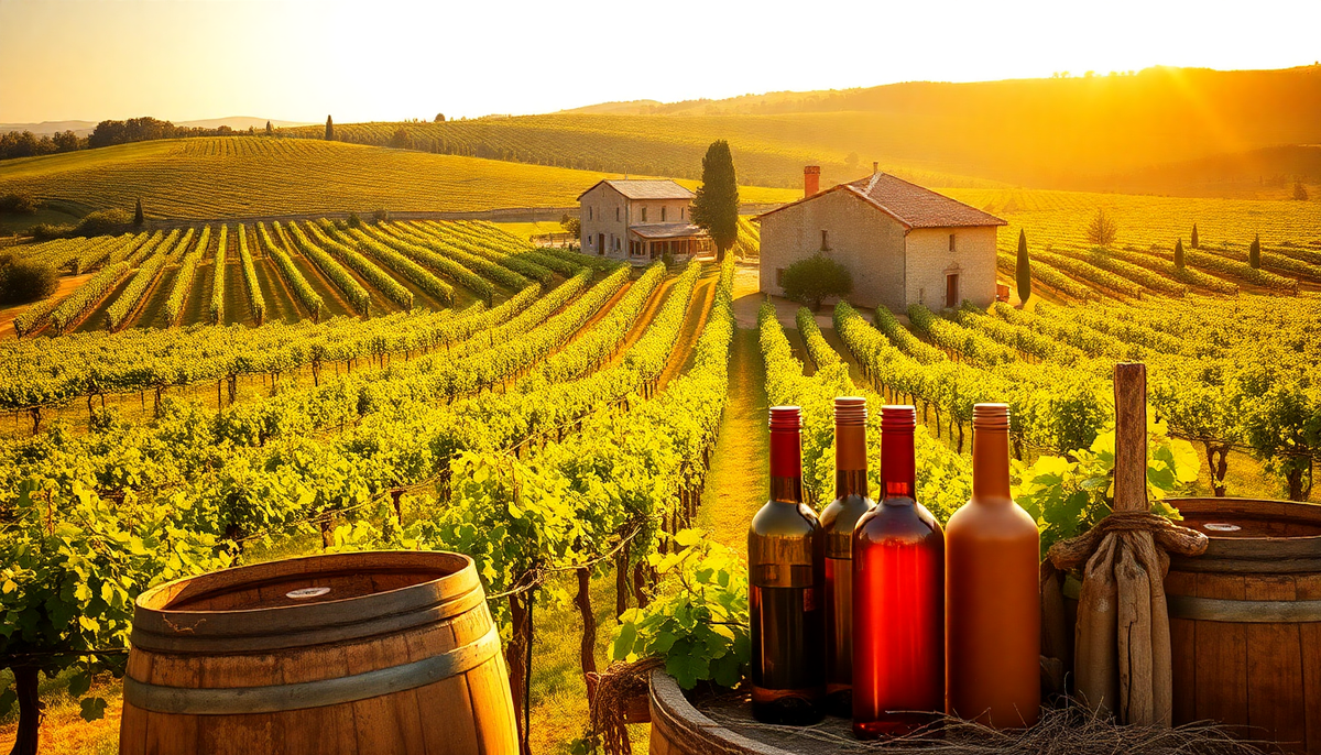 Vignoble ensoleillé des Pouilles au coucher du soleil, avec des bouteilles de vin rouge et rosé posées sur un tonneau, symbolisant la richesse du Primitivo italien — EasyGusto.fr
