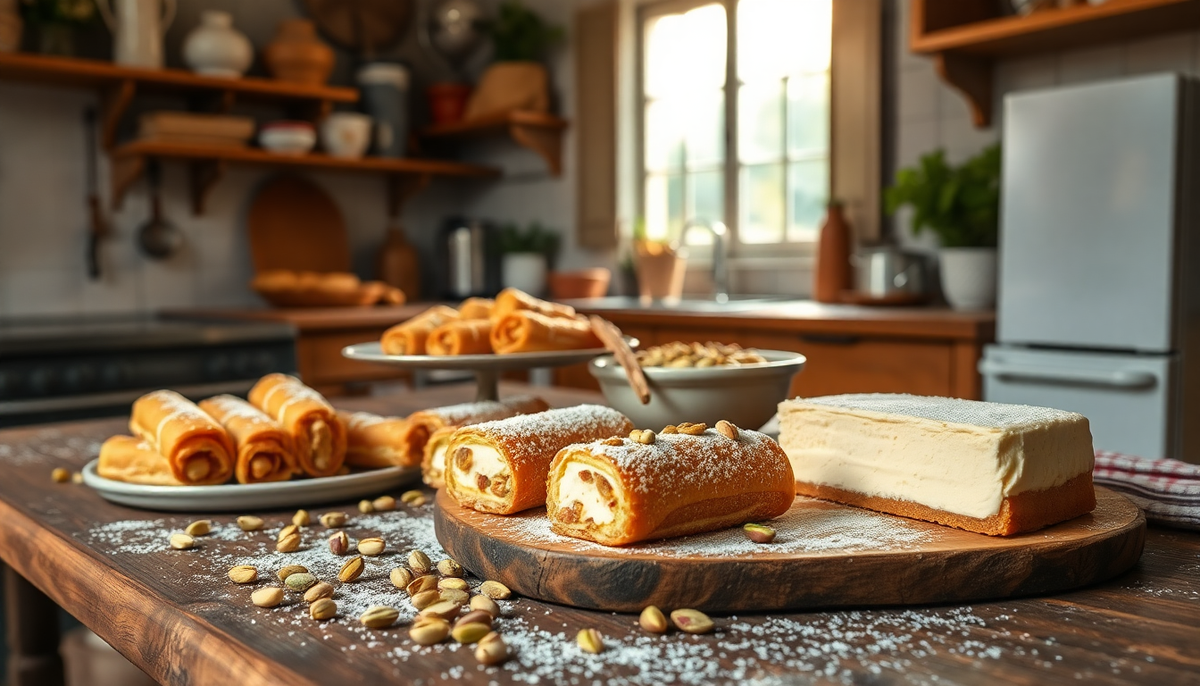 Desserts italiens à la ricotta sur une table rustique — cannoli, gâteau moelleux et spécialités siciliennes authentiques EasyGusto.fr