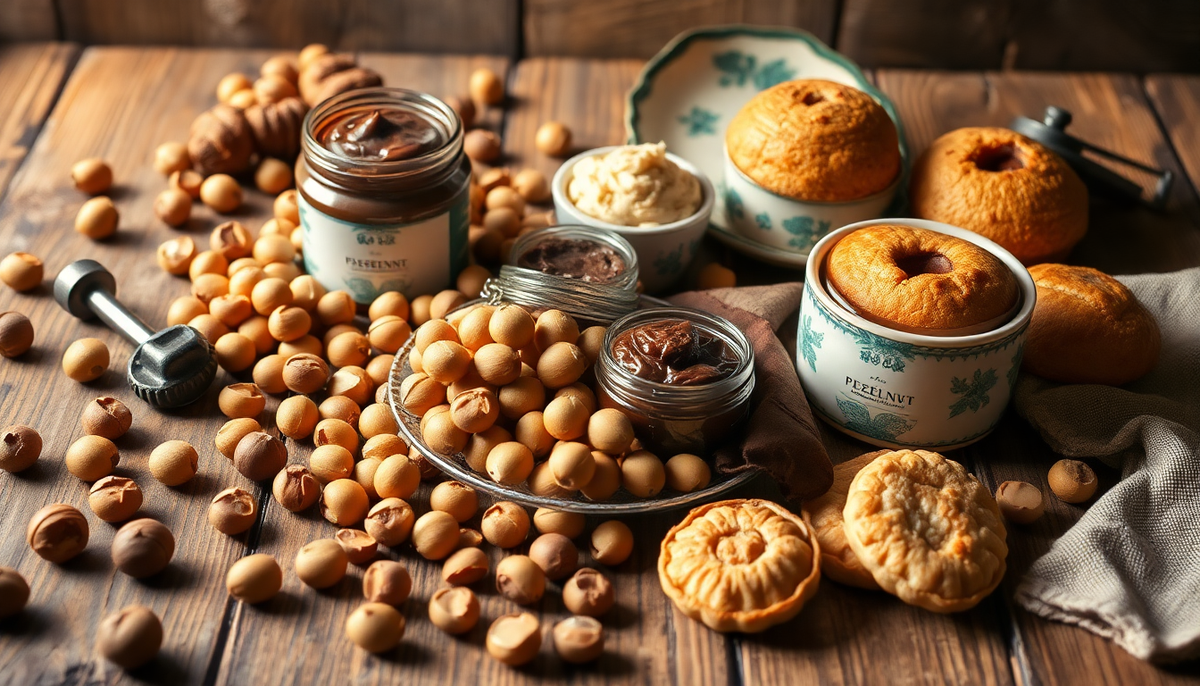 Produits artisanaux italiens à base de noisettes du Piémont : pâte de gianduia, biscuits sablés et noisettes entières présentés sur une table en bois rustique — EasyGusto.fr