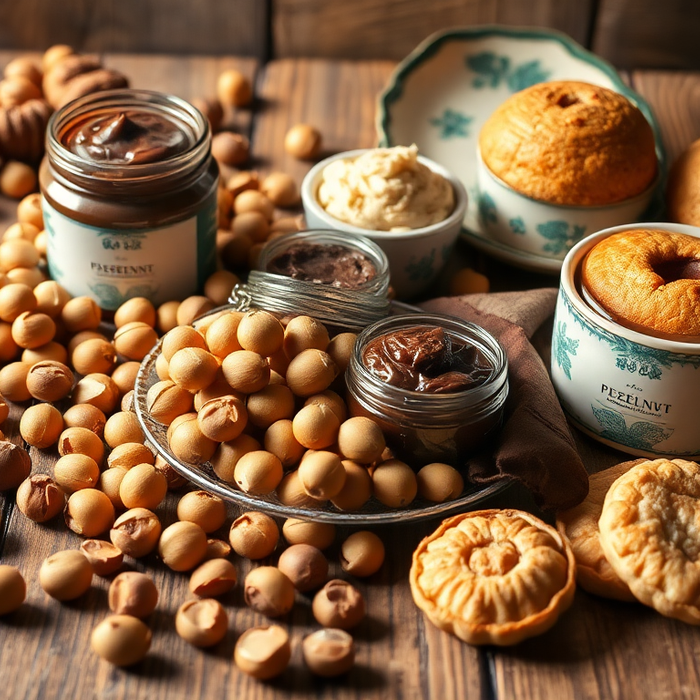 Produits artisanaux italiens à base de noisettes du Piémont : pâte de gianduia, biscuits sablés et noisettes entières présentés sur une table en bois rustique — EasyGusto.fr