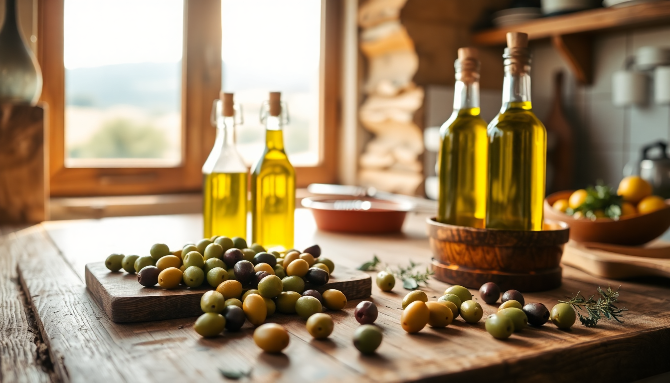 Bouteilles d’huile d’olive italienne sur une table en bois rustique entourées d’olives vertes et noires dans une cuisine baignée de lumière naturelle — EasyGusto.fr