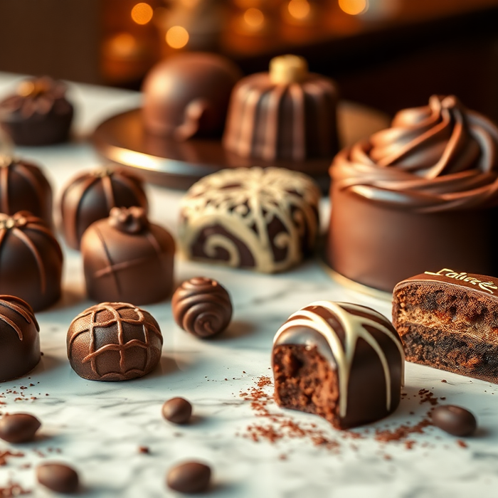 Assortiment de chocolats italiens artisanaux, truffes, gâteaux et pralines sur un plan de travail en marbre — symbole du savoir-faire pâtissier italien et des délices au chocolat proposés par EasyGusto.fr.