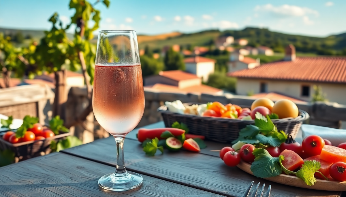 Verre de vin rosé italien sur une table en bois, entouré de tomates fraîches, d’herbes aromatiques et de légumes d’été, avec un paysage toscan ensoleillé en arrière-plan — symbole de la convivialité et de la gastronomie italienne estivale — EasyGusto.fr
