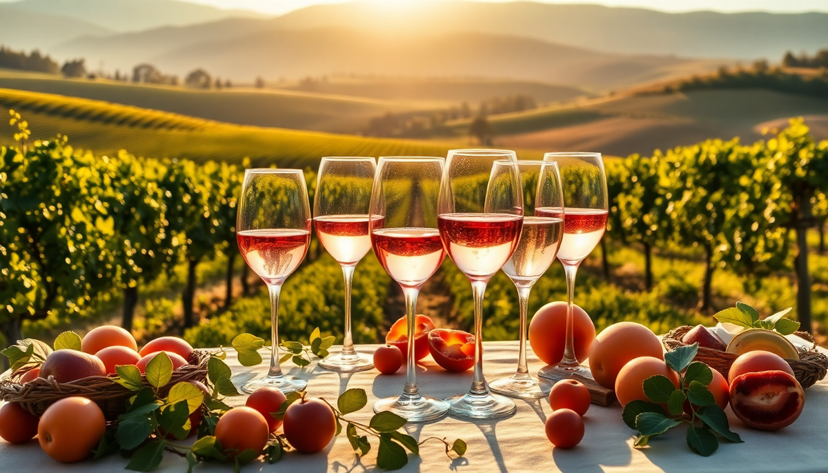 Verres de vins rosés italiens disposés sur une table au cœur des vignes, entourés de pêches et d’abricots sous un coucher de soleil toscan — EasyGusto.fr