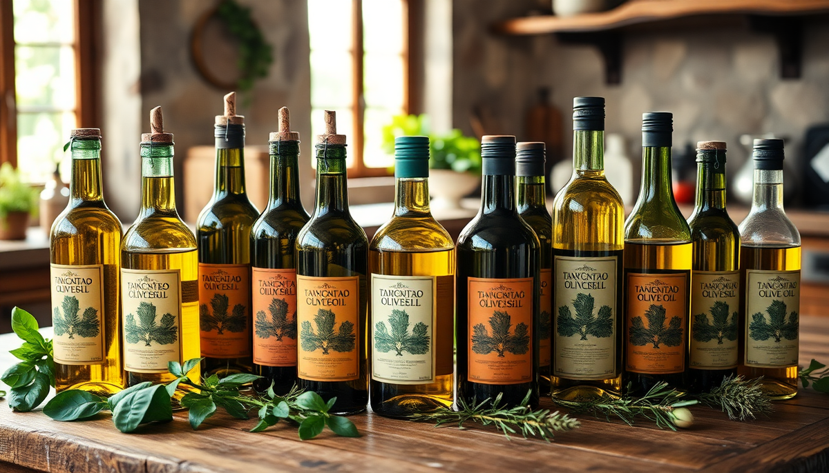 Collection de bouteilles d’huiles d’olive aromatisées italiennes sur une table en bois, avec herbes fraîches et lumière naturelle — EasyGusto.fr