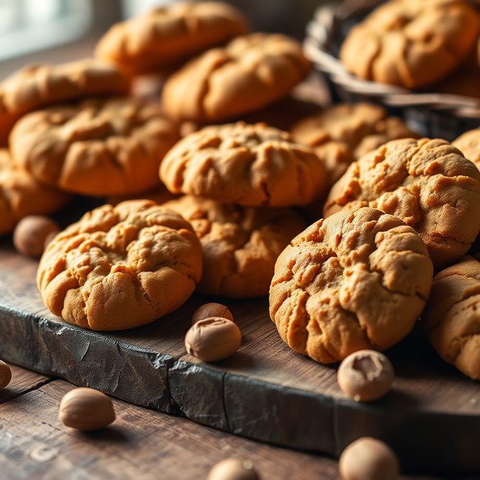 Biscuits italiens à la noisette dorés, disposés sur une planche en bois rustique, entourés de noisettes entières — symbole du croquant et de la gourmandise de la pâtisserie italienne traditionnelle — EasyGusto.fr