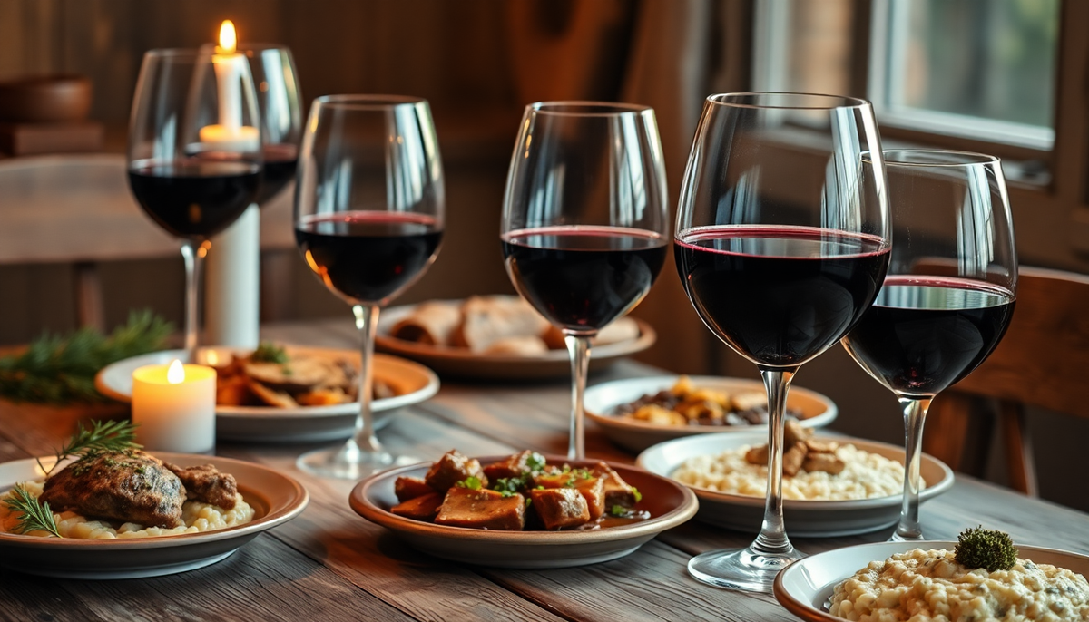 Verres de vin rouge italien servis avec des plats d’hiver traditionnels — risotto, viande mijotée et antipasti sur une table rustique éclairée à la bougie.