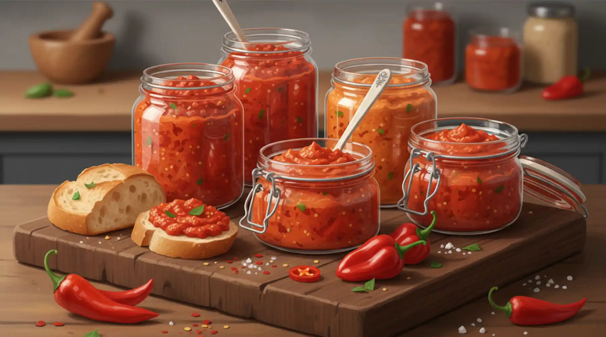 Bocaux de crèmes de piment italiens artisanaux, rouges et épicés, présentés sur une table en bois.
