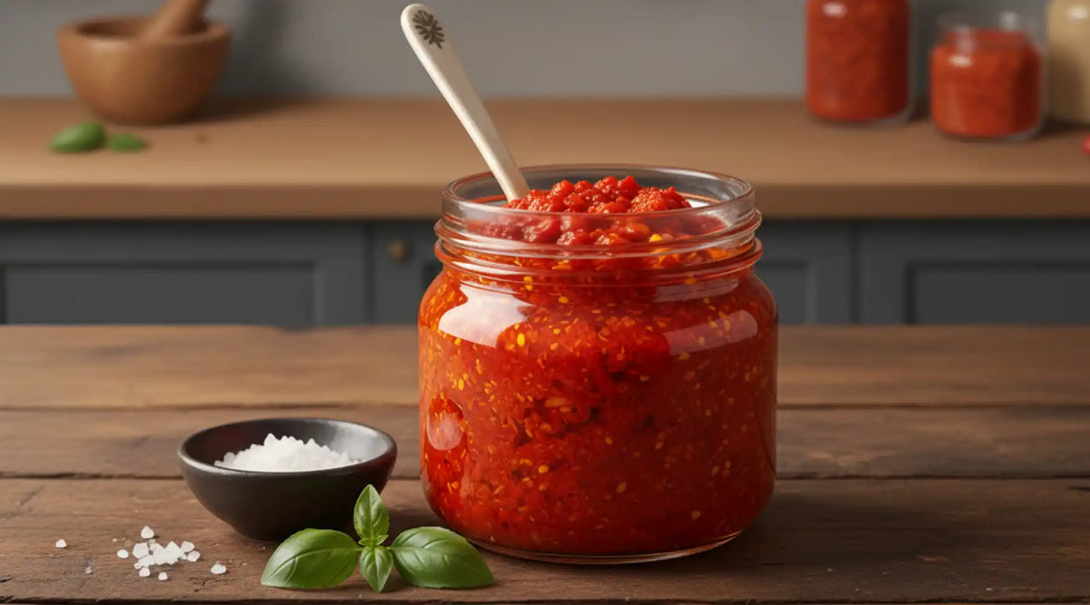 Pots de crème de poivrons et sauces italiennes disposés sur un plateau en bois avec des piments rouges frais.