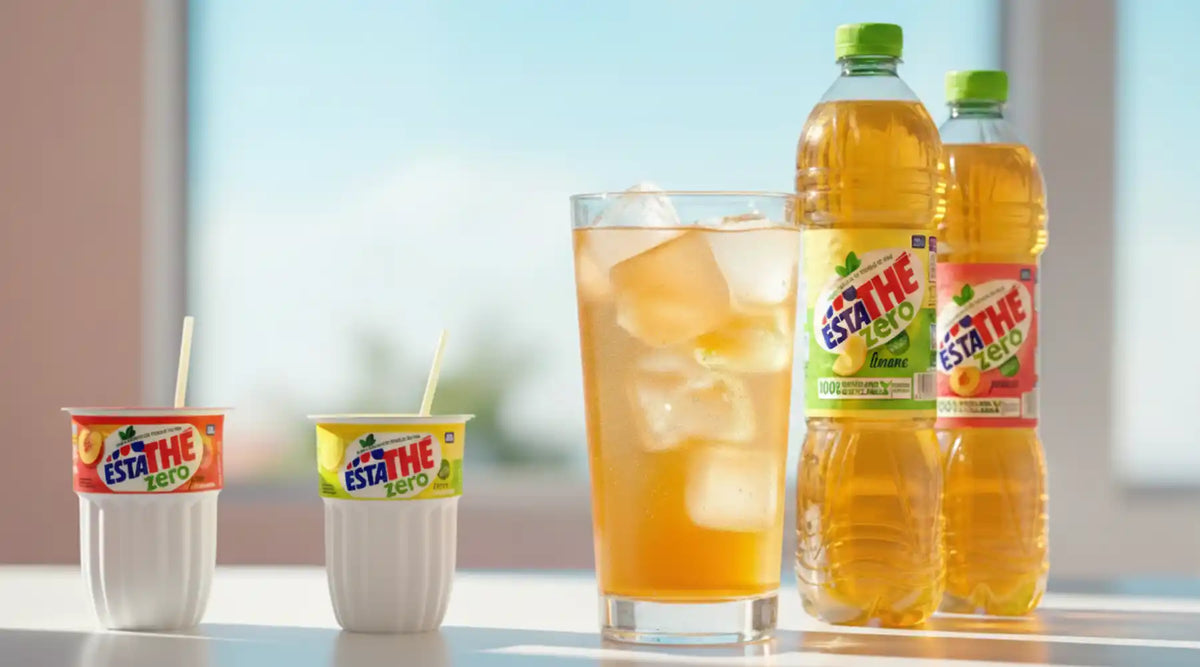 Verres et bouteilles de thé glacé Estathé Zero aux saveurs citron et pêche posés sur une table lumineuse.