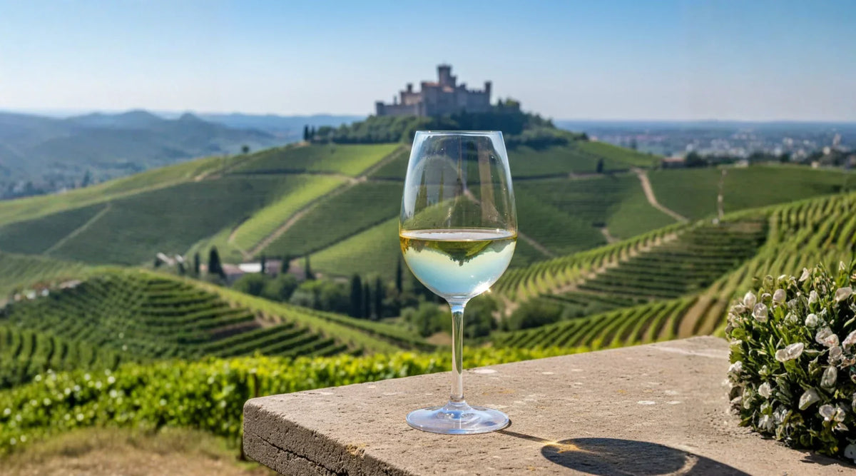 Verre de vin blanc Soave posé sur une terrasse surplombant les vignobles vallonnés de la Vénétie, avec un château en arrière-plan, représentant l’élégance et la fraîcheur des vins italiens.