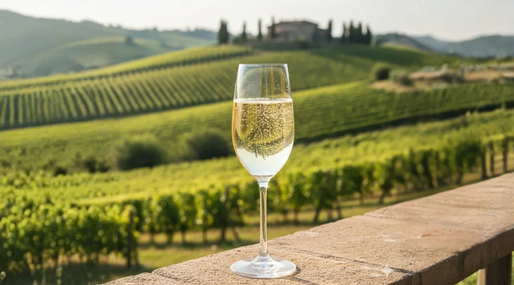Verre de Prosecco pétillant posé sur une terrasse surplombant un vignoble ensoleillé de Vénétie, illustrant l’élégance et la fraîcheur des vins italiens effervescents.