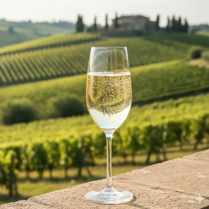 Verre de Prosecco pétillant posé sur une terrasse surplombant un vignoble ensoleillé de Vénétie, illustrant l’élégance et la fraîcheur des vins italiens effervescents.