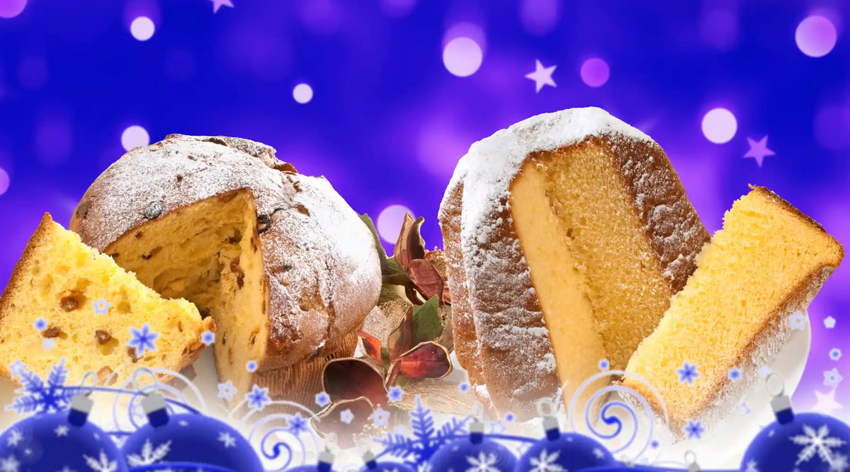 Pandoro et panettone italiens côte à côte, tranches coupées et sucre glace sur fond festif violet