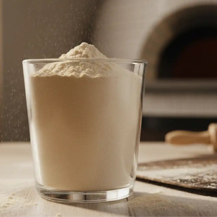 Verre rempli de farine italienne 00 pour pizza, texture fine et couleur claire idéale pour une pâte croustillante.