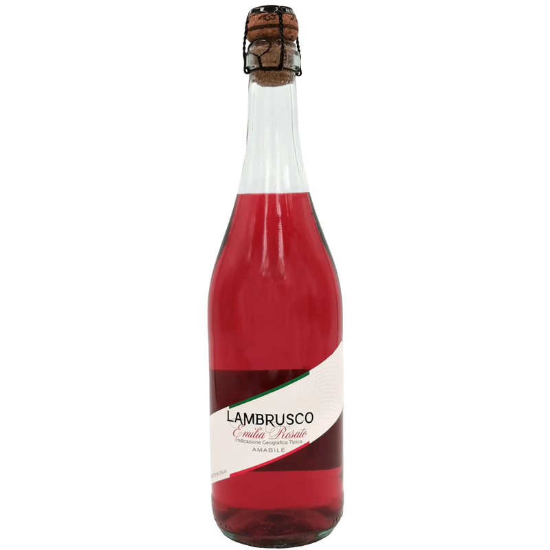 Bouteille de vin Lambrusco rosé pétillant biologique de 75cl, Emilia-Romagne, couleur rouge vif.