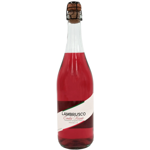 Bouteille de vin Lambrusco rosé pétillant biologique de 75cl, Emilia-Romagne, couleur rouge vif.