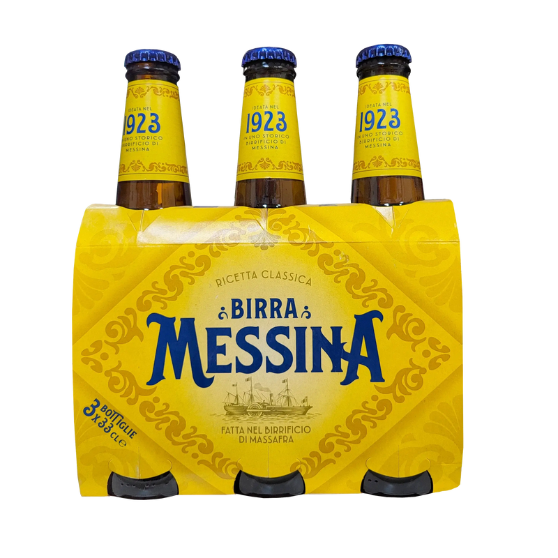 Bière Messina 33cl six-pack featuring classic recipe and 1923 label.