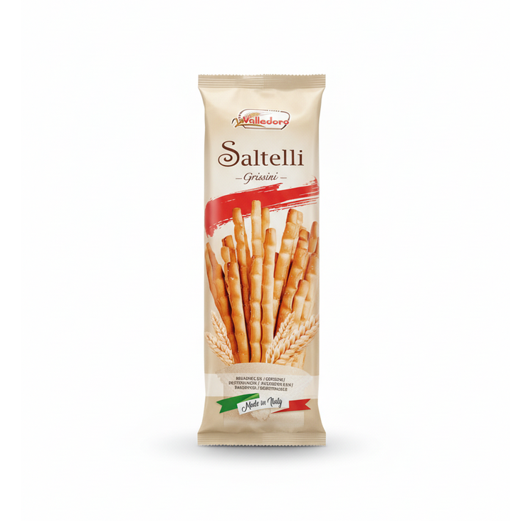 Sachet beige de Grissini Saltelli Valledoro avec illustration de gressins dorés et épis de blé, bandeau rouge, ruban aux couleurs du drapeau italien, inscription Made in Italy