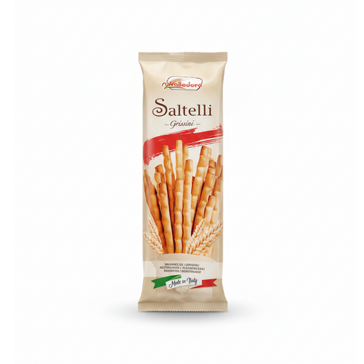 Sachet beige de Grissini Saltelli Valledoro avec illustration de gressins dorés et épis de blé, bandeau rouge, ruban aux couleurs du drapeau italien, inscription Made in Italy