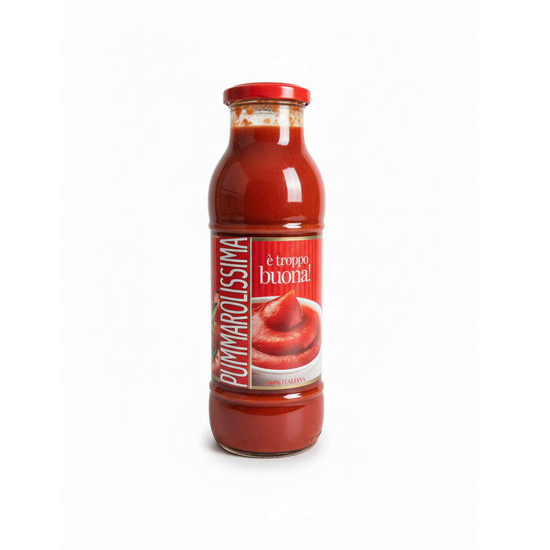 Bouteille en verre à col étroit avec couvercle rouge vissé contenant la passata di pomodoro Pummarolissima, sauce tomate rouge vif 100% italienne — étiquette rouge avec bol de purée de tomates onctueuse sur fond blanc