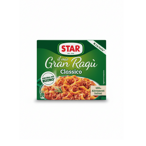 Boîte carton verte Star il mio Gran Ragù Classico contenant deux conserves métalliques de sauce bolognaise à la viande de bœuf et porc, avec photo de tagliatelles al ragù sur le packaging, produit fabriqué en Italie depuis 1948, format 400g