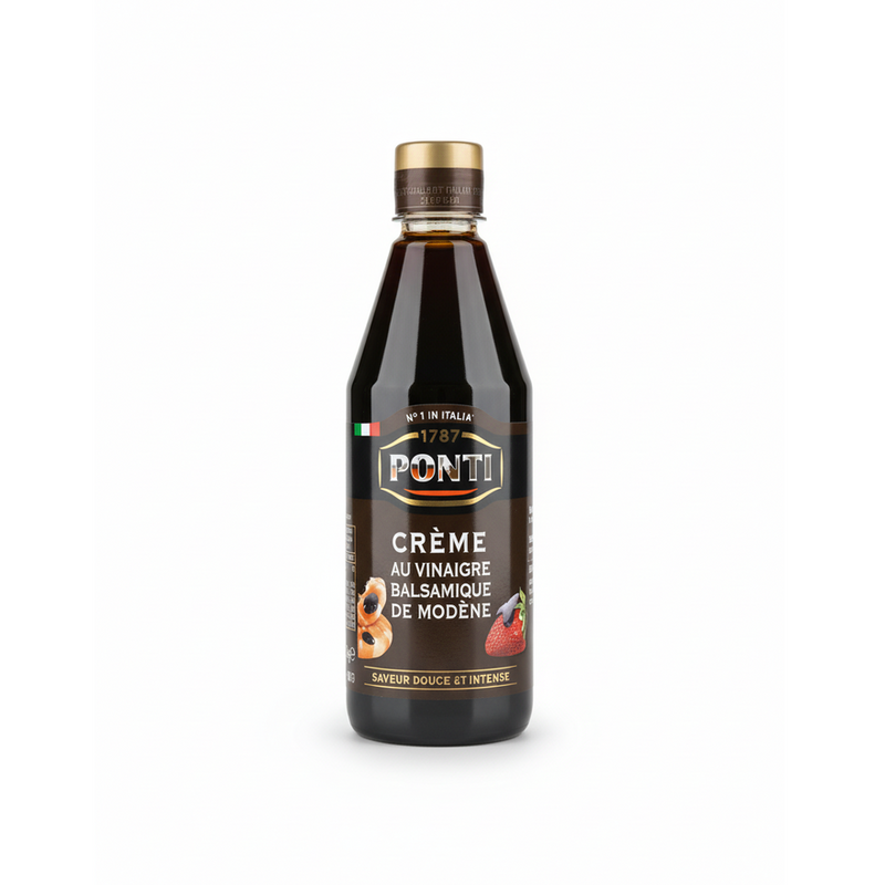 Bouteille en verre foncé élancée de crème au vinaigre balsamique de Modène IGP de la marque Ponti, avec étiquette noire et dorée indiquant Saveur Douce et Intense, fond sombre, épicerie italienne EasyGusto