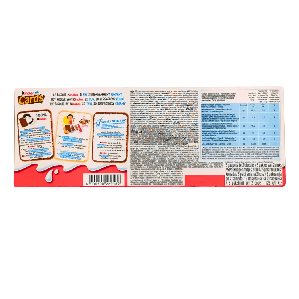 Rückseite der Verpackung von Kinder Cards Schokoladenwaffeln 128g mit Nährwertinformationen und lustigen Grafiken.
