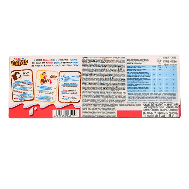 Dos de l'emballage de gaufrette chocolat Kinder Cards 128g avec informations nutritionnelles et graphiques amusants.