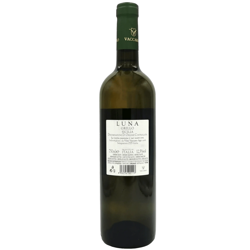 Bottle of Luna Vaccaro Grillo Sicilia DOC 75cl vin blanc sicilien, showcasing authentic Sicilian white wine elegance